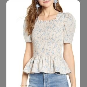 Rachel Parcell Blue Floral Smocked Blouse